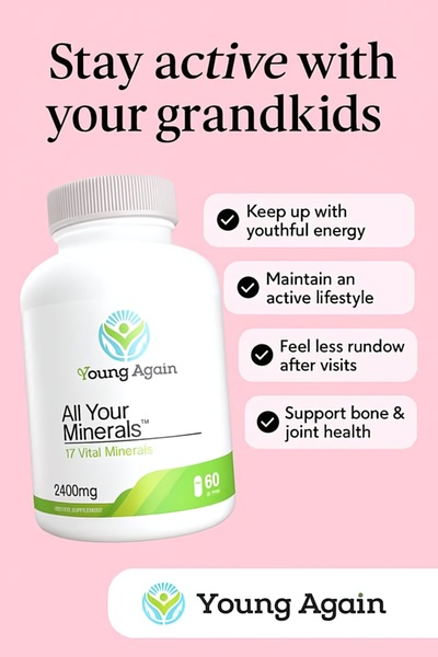 A 2:3 vertical graphic for a mineral supplement that highlights emotional and physical benefits for an older demographic.